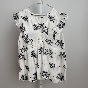 LOFT White Floral Embroidered Ruffle Sleeve‎ Blouse Top